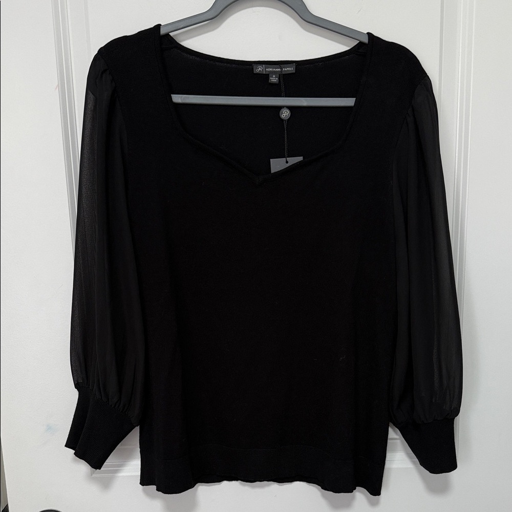 Adrianna Papell 3/4 Chiffon Sleeve Sweetheart Neckline Black Women's Top size M
